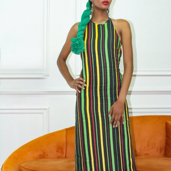 NGO BOLINGO Striped Halter Neck Midi Dress With Tie-Back In Black Green Yellow & - Picture 1 of 9